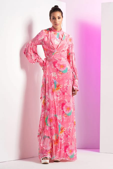 Mandira Wirk Pink Crepe Printed Botanical High Neck Draped Dress