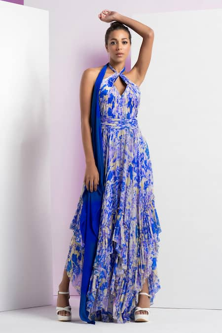 Mandira Wirk Blue Chiffon Printed Pansy Daisy Halter Keyhole Neck Asymmetric Dress 