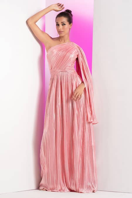 Mandira Wirk Pink Shimmer Lycra Textured And Embroidered Pleated Pattern One Metallic Dress