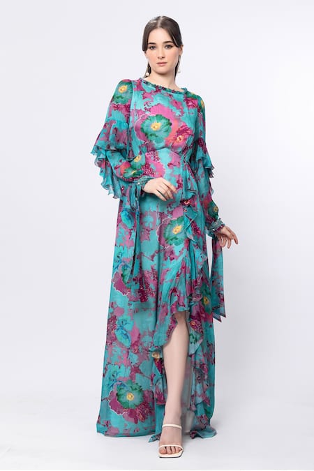 Mandira Wirk Green Chiffon Printed And Embroidered Forest Biome & Beads High Slit Dress