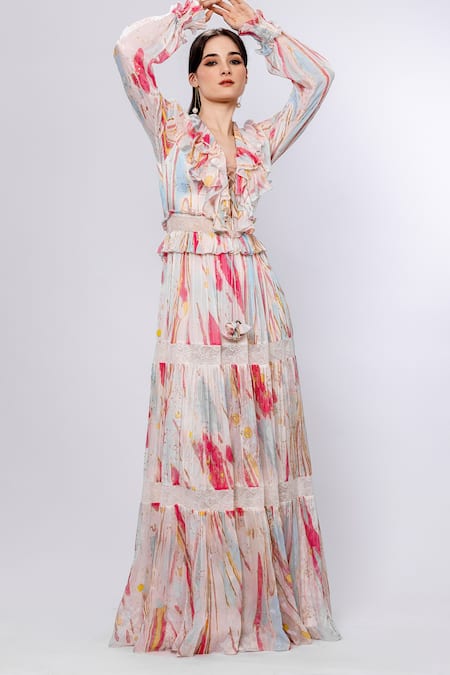 Mandira Wirk Ivory Chiffon Printed Floaty Coral And Foil Deep V Neck & Dress