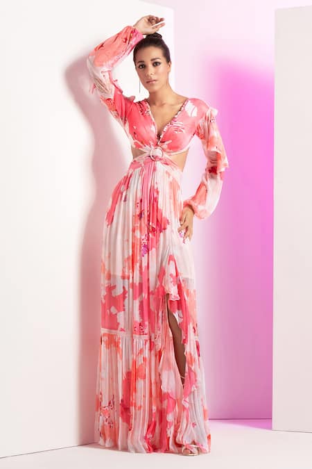 Mandira Wirk Pink Chiffon Printed Blooming Buds V Neck Cut Out Tiered Dress