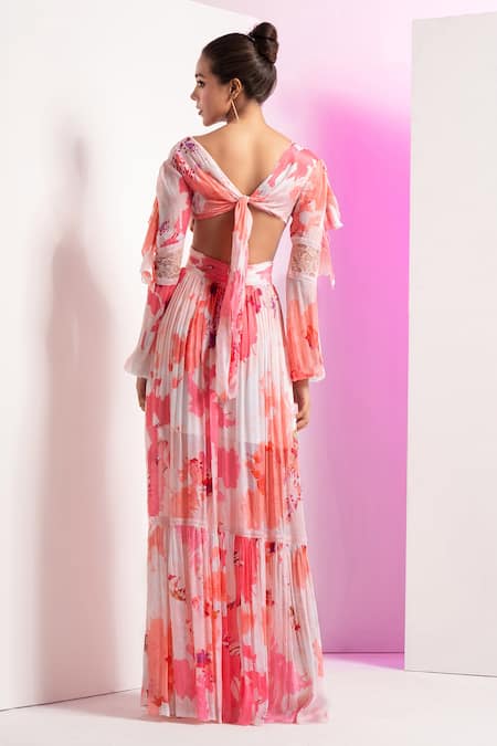 Mandira Wirk Resort Pink Chiffon V-neck Blooming Buds Cut Out Tiered Dress Online at Aza Fashions Mandira Wirk Resort_Pink Chiffon V-neck Blooming Buds Cut Out Tiered Dress _Online_at_Aza_Fashions