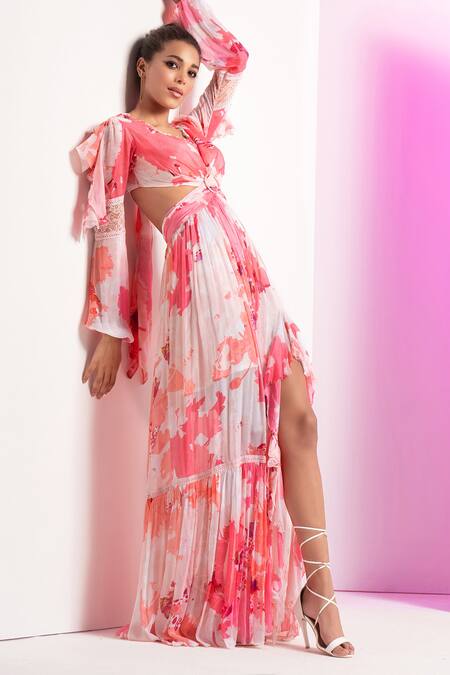 Buy Mandira Wirk Resort Pink Chiffon V-neck Blooming Buds Cut Out Tiered Dress Online at Aza Fashions Buy_Mandira Wirk Resort_Pink Chiffon V-neck Blooming Buds Cut Out Tiered Dress _Online_at_Aza_Fashions