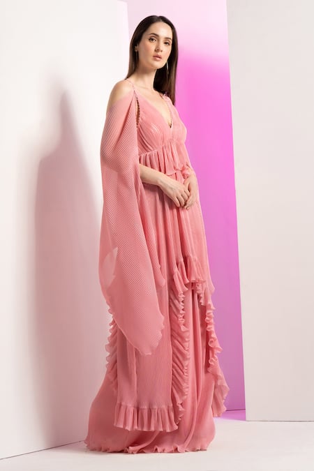 Buy Mandira Wirk Resort Peach Georgette Pearls V-neck Detailed Heat Pleated Dress Online at Aza Fashions Buy_Mandira Wirk Resort_Peach Georgette Pearls V-neck Detailed Heat Pleated Dress _Online_at_Aza_Fashions