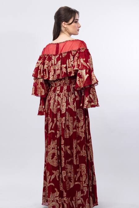 Buy_Mandira Wirk Resort_Red Brocade Embroidery Round Neck Ruffle Shoulder Detail Dress _Online_at_Aza_Fashions