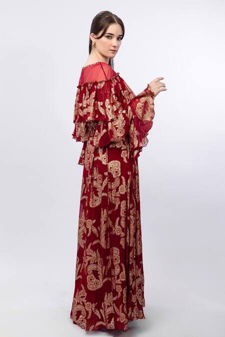 Shop_Mandira Wirk Resort_Red Brocade Embroidery Round Neck Ruffle Shoulder Detail Dress _Online_at_Aza_Fashions