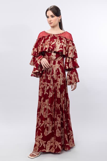 Mandira Wirk Red Brasso Embossed Floral Round Ruffle Shoulder Detail Dress