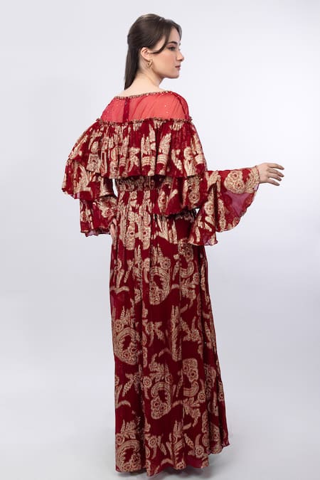 Mandira Wirk Resort_Red Brocade Embroidery Round Neck Ruffle Shoulder Detail Dress _Online_at_Aza_Fashions