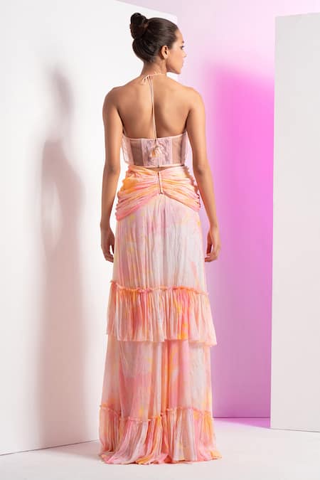 Mandira Wirk Resort Orange Chiffon, Chanderi Embroidery Round Neck Floral Corset And Wrap Cowl Skirt Online at Aza Fashions Mandira Wirk Resort_Orange Chiffon, Chanderi Embroidery Round Neck Floral Corset And Wrap Cowl Skirt _Online_at_Aza_Fashions