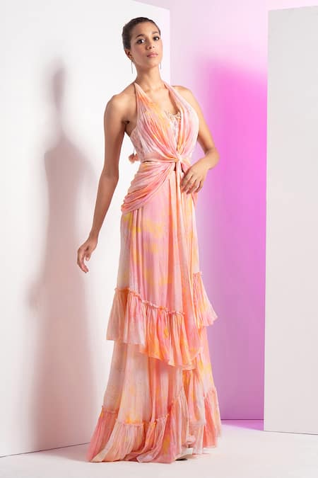 Buy Mandira Wirk Resort Orange Chiffon, Chanderi Embroidery Round Neck Floral Corset And Wrap Cowl Skirt Online at Aza Fashions Buy_Mandira Wirk Resort_Orange Chiffon, Chanderi Embroidery Round Neck Floral Corset And Wrap Cowl Skirt _Online_at_Aza_Fashions