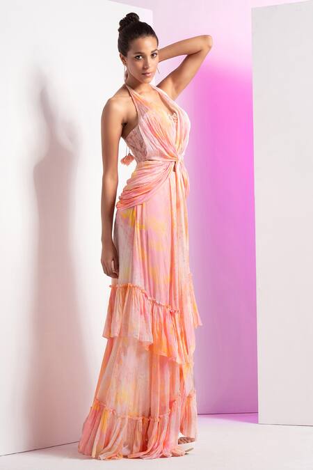 Shop Mandira Wirk Resort Orange Chiffon, Chanderi Embroidery Round Neck Floral Corset And Wrap Cowl Skirt Online at Aza Fashions Shop_Mandira Wirk Resort_Orange Chiffon, Chanderi Embroidery Round Neck Floral Corset And Wrap Cowl Skirt _Online_at_Aza_Fashions