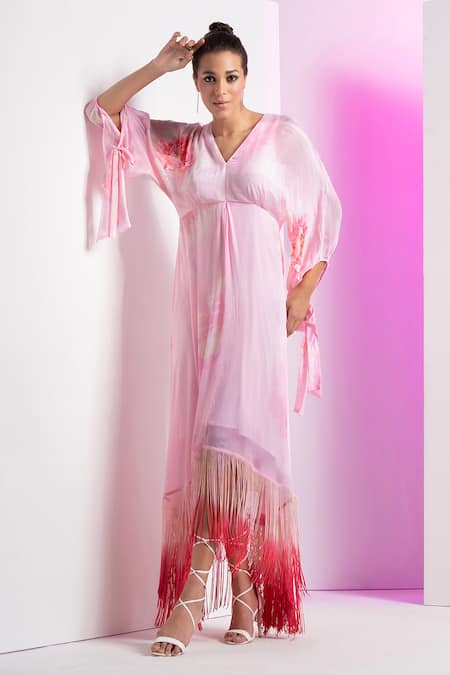 Mandira Wirk Pink Chiffon Floral V Neck Ombre Fringes Dress 