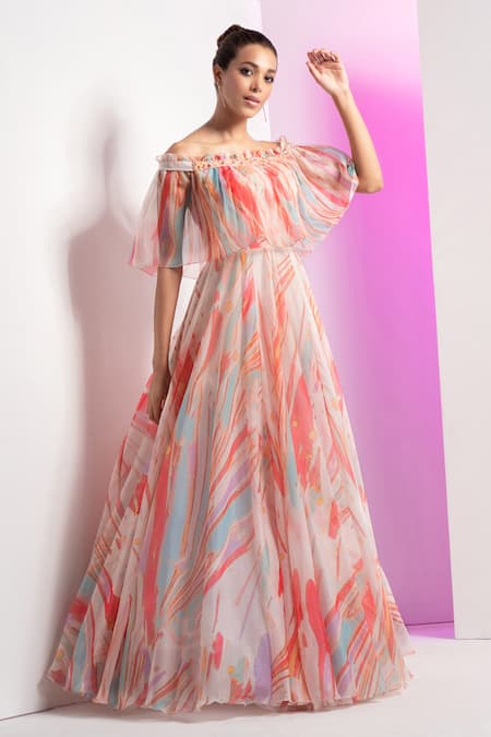 Mandira Wirk Ivory Organza Printed Floral Floaty Marble Embroidered Off Shoulder Cape Gown
