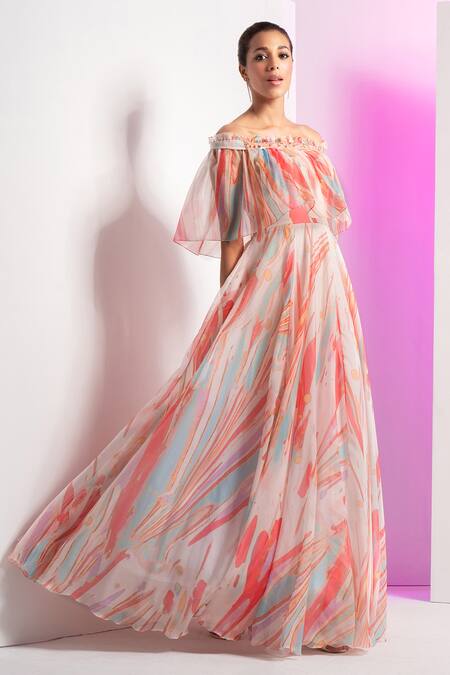 Off shoulder outlet cape gown