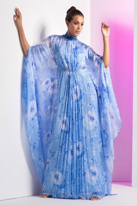 Mandira Wirk Blue Chiffon Printed Floral High Neck Embroidered Asymmetrical Pleated Kaftan