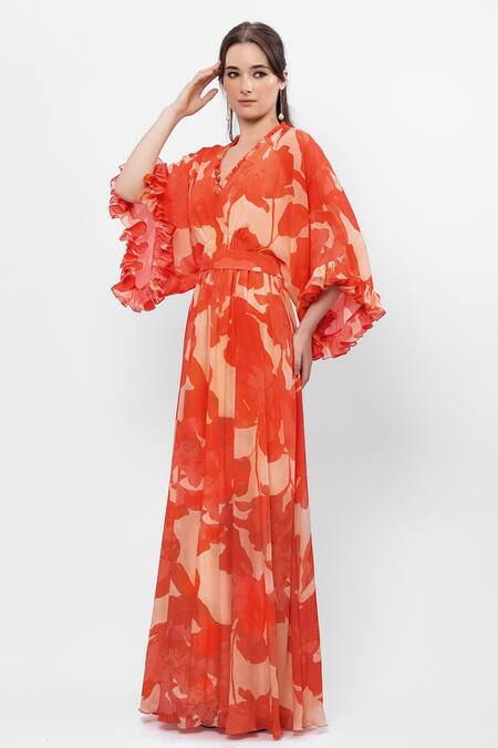 Buy Mandira Wirk Resort Orange Crepe Ruffles V-neck Floral Printed Kimono Dress Online at Aza Fashions Buy_Mandira Wirk Resort_Orange Crepe Ruffles V-neck Floral Printed Kimono Dress _Online_at_Aza_Fashions
