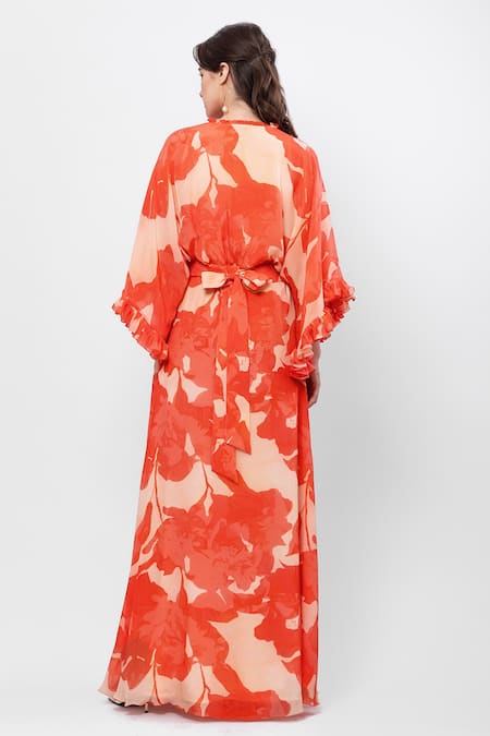 Mandira Wirk Resort Orange Crepe Ruffles V-neck Floral Printed Kimono Dress Online at Aza Fashions Mandira Wirk Resort_Orange Crepe Ruffles V-neck Floral Printed Kimono Dress _Online_at_Aza_Fashions
