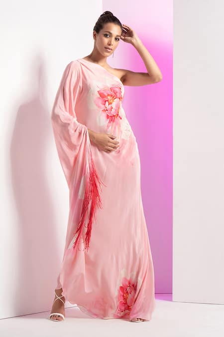 Mandira Wirk Pink Crepe Printed Floral Asymmetric Flutter Kimono Sleeve Dress