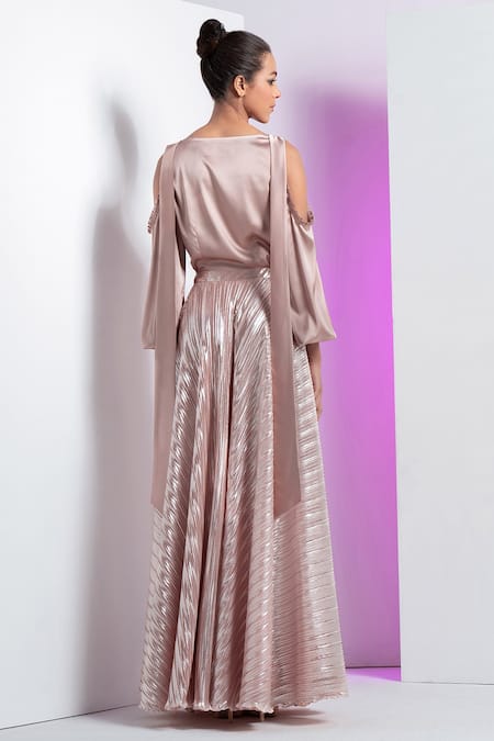 Mandira Wirk Resort Gold Satin, Lycra Cowl Neck Top And Pleated Skirt Set Online at Aza Fashions Mandira Wirk Resort_Gold Satin, Lycra Cowl Neck Top And Pleated Skirt Set _Online_at_Aza_Fashions