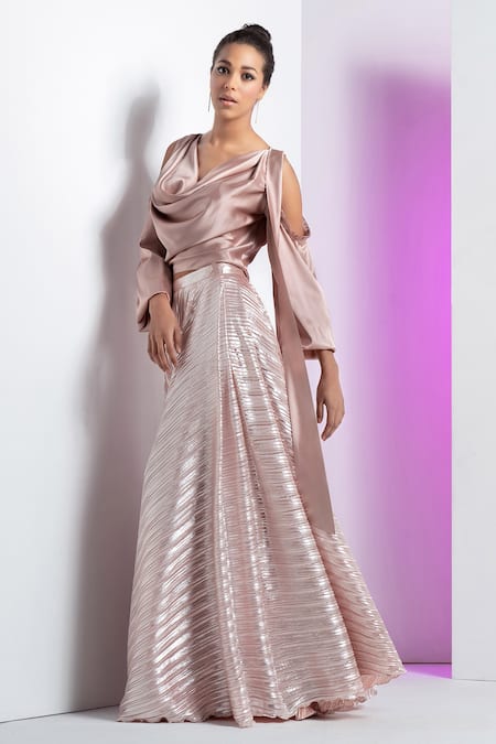 Buy Mandira Wirk Resort Gold Satin, Lycra Cowl Neck Top And Pleated Skirt Set Online at Aza Fashions Buy_Mandira Wirk Resort_Gold Satin, Lycra Cowl Neck Top And Pleated Skirt Set _Online_at_Aza_Fashions