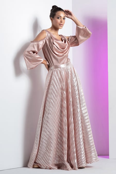 Shop Mandira Wirk Resort Gold Satin, Lycra Cowl Neck Top And Pleated Skirt Set Online at Aza Fashions Shop_Mandira Wirk Resort_Gold Satin, Lycra Cowl Neck Top And Pleated Skirt Set _Online_at_Aza_Fashions