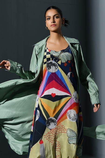 Ika_Multi Color Silk Embroidery Round Neck Abstract Print Dress With Overshirt _Online_at_Aza_Fashions