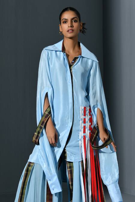 Ika_Blue Silk Collared Asymmetric Shirt With Gharara Pant _Online_at_Aza_Fashions