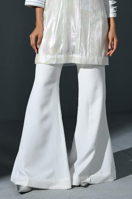 Ika_Ivory Banana Crepe Plain Notched Shimmer Finish Kurta Flared Pant Set  _Online_at_Aza_Fashions