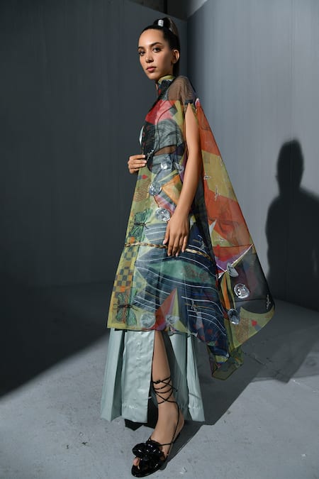 Ika Abstract Print Cape Gharara Pant Set 