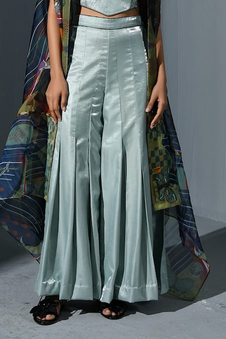 Ika_Blue Organza Printed Cape Abstract Corset Scoop Neck Gharara Pant Set  _Online_at_Aza_Fashions