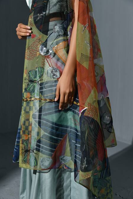 Buy_Ika_Blue Organza Printed Cape Abstract Corset Scoop Neck Gharara Pant Set  _Online_at_Aza_Fashions