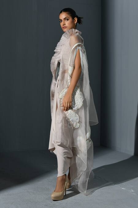 Shop_Ika_Pink Crepe Embroidered Cape Abstract Scoop Neck Hand Skirt Set  _at_Aza_Fashions