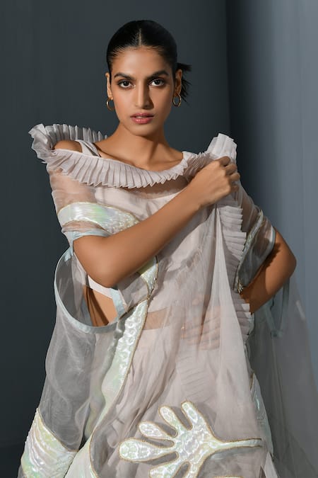 Buy_Ika_Pink Crepe Embroidered Cape Abstract Scoop Neck Hand Skirt Set  _Online_at_Aza_Fashions