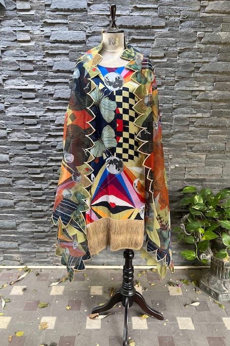 Buy_Ika_Multi Color Crepe Print Abstract Kurta Scoop Neck With Cape  _Online_at_Aza_Fashions