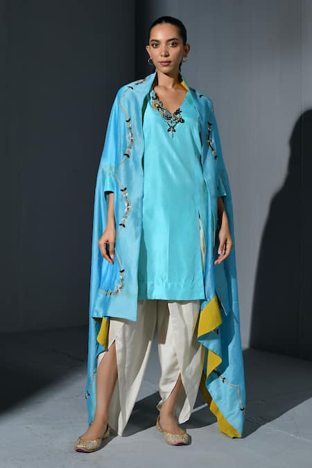 Ika_Blue Silk Pearls V-neck Floral Embroidered Cape And Dhoti Pant Set _Online_at_Aza_Fashions