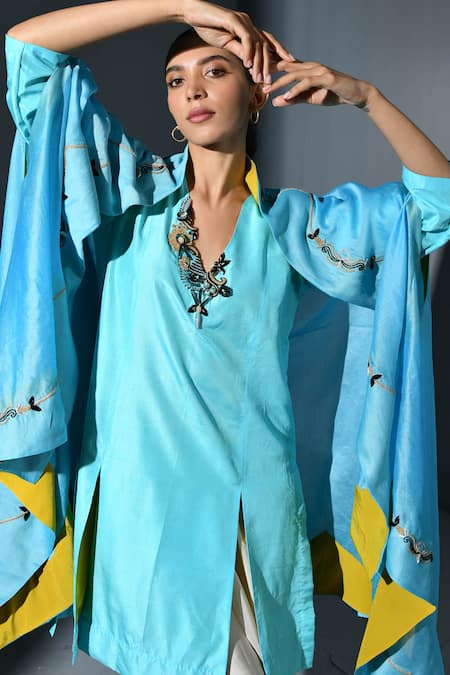 Buy_Ika_Blue Silk Pearls V-neck Floral Embroidered Cape And Dhoti Pant Set _Online_at_Aza_Fashions
