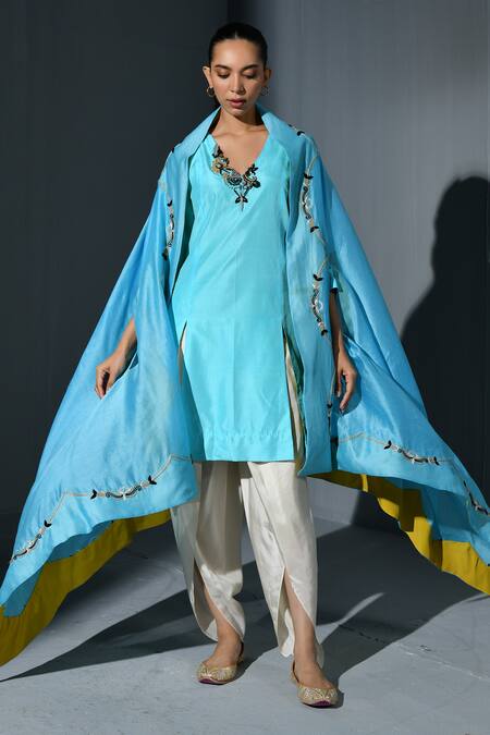 Shop_Ika_Blue Silk Pearls V-neck Floral Embroidered Cape And Dhoti Pant Set _Online_at_Aza_Fashions