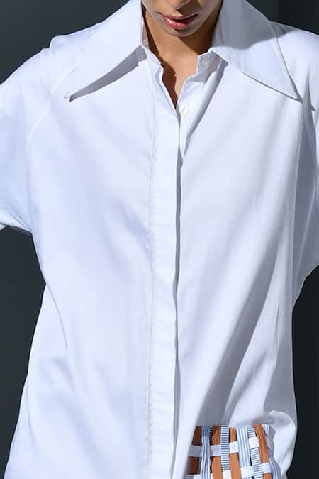 Ika_White Cotton Collared Weave Applique Slit Detail Dress _Online_at_Aza_Fashions