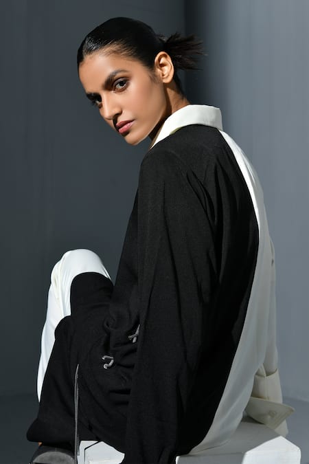 Buy_Ika_Black Crepe Color Blocked Collar Shirt Kurta With Pant  _Online_at_Aza_Fashions