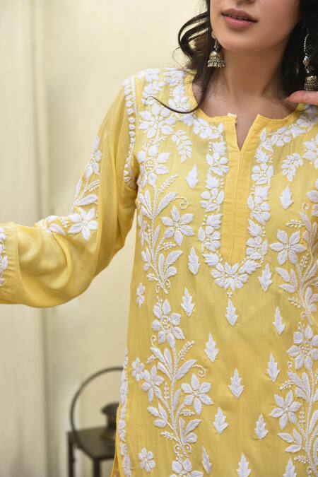 House Of Chikankari_Yellow Modal Hand Embroidered Malak Kurta And Flared Pant Set _Online_at_Aza_Fashions