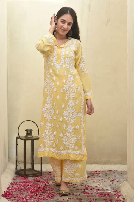 Buy_House Of Chikankari_Yellow Modal Hand Embroidered Malak Kurta And Flared Pant Set _Online_at_Aza_Fashions