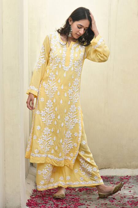Shop_House Of Chikankari_Yellow Modal Hand Embroidered Malak Kurta And Flared Pant Set _Online_at_Aza_Fashions