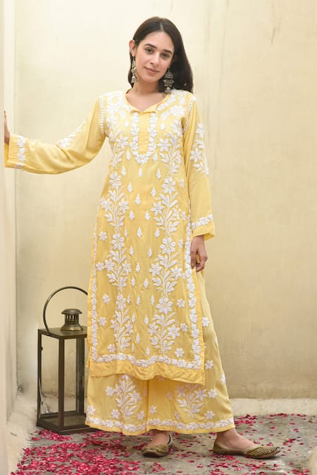 House Of Chikankari_Yellow Modal Hand Embroidered Malak Kurta And Flared Pant Set _at_Aza_Fashions