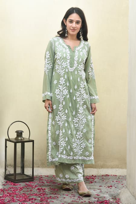 House of Chikankari Green Modal Hand Embroidered Malak Kurta And Flared Pant Set  