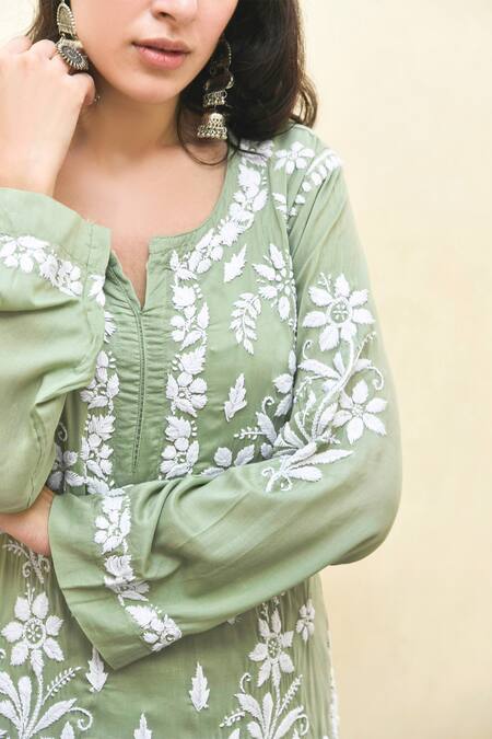 House Of Chikankari_Green Modal Hand Embroidered Chikankari Notched Floral Kurta And Pant Set_Online_at_Aza_Fashions