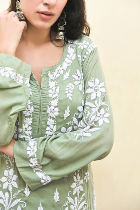 Buy_House Of Chikankari_Green Modal Hand Embroidered Chikankari Notched Floral Kurta And Pant Set_Online_at_Aza_Fashions