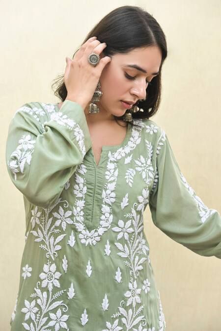 Shop_House Of Chikankari_Green Modal Hand Embroidered Chikankari Notched Floral Kurta And Pant Set_Online_at_Aza_Fashions