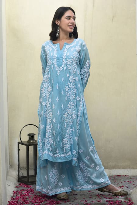 Buy_House Of Chikankari_Blue Modal Hand Embroidered Chikankari Malak Kurta And Flared Pant Set _Online_at_Aza_Fashions
