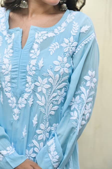 Shop_House Of Chikankari_Blue Modal Hand Embroidered Chikankari Malak Kurta And Flared Pant Set _Online_at_Aza_Fashions